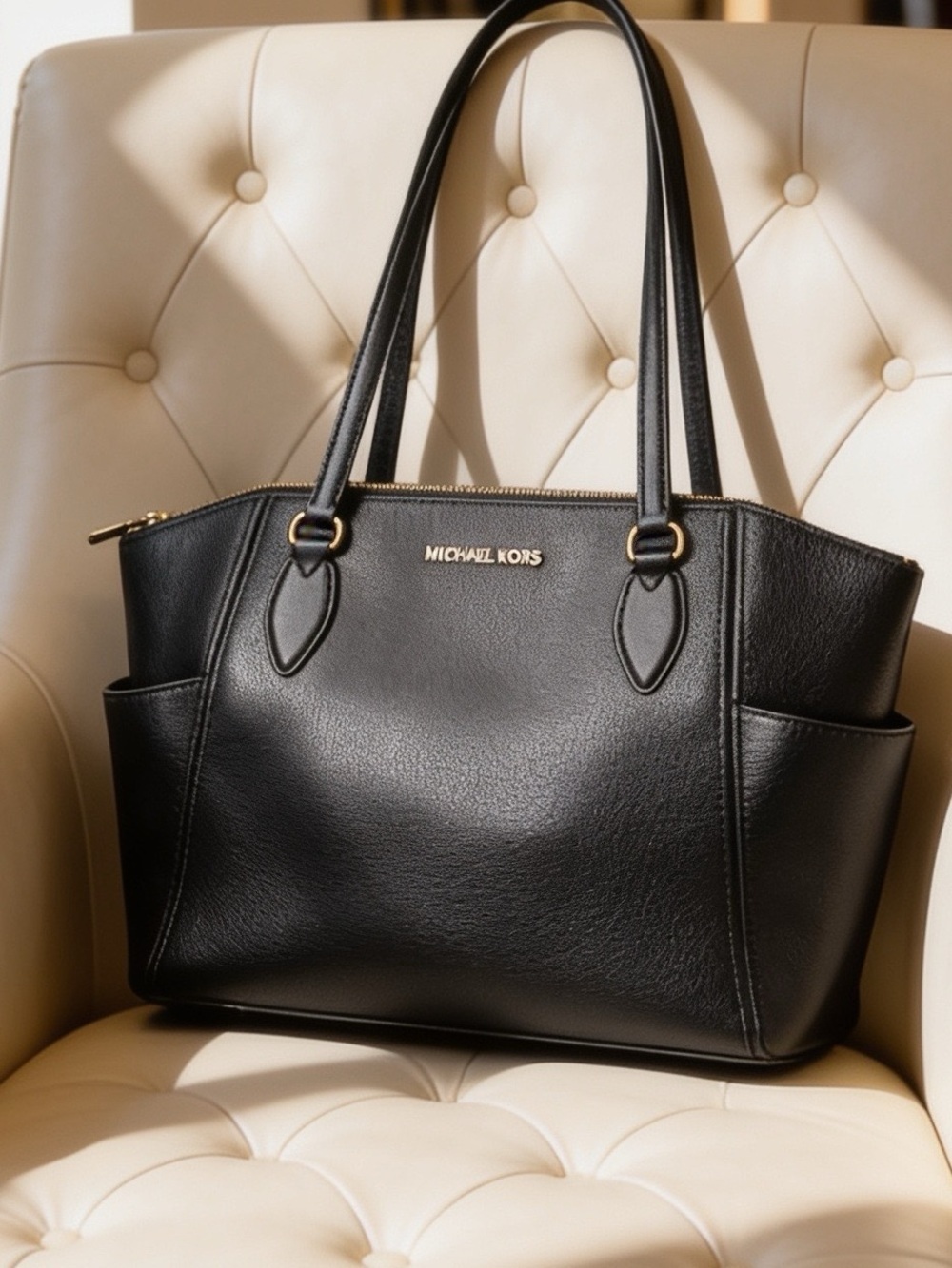Michael Kors Black Pebbled Leather Tote Gold Hardware perfect bag work,travel